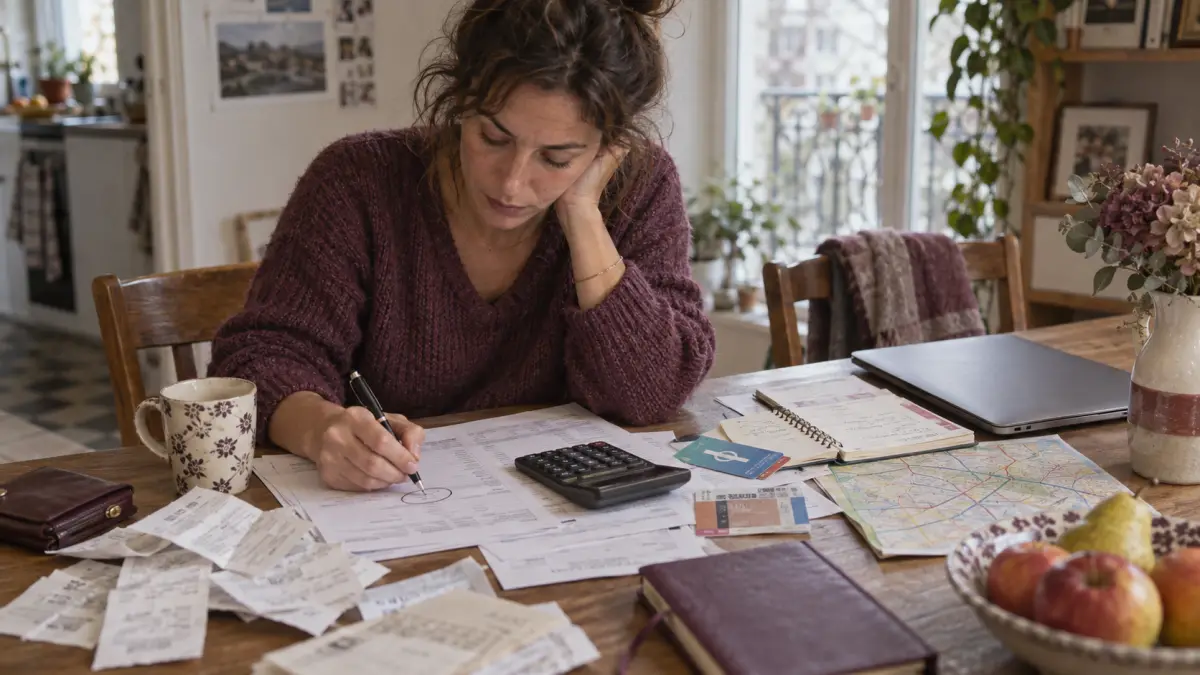 Une femme rassemble reçus, calculatrice, plan de transport et notes pour comparer un coût total