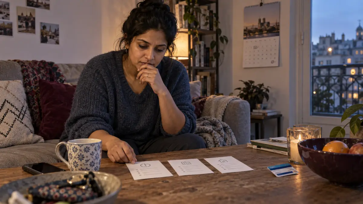 Une femme compare trois options de rendez-vous posées sur sa table dans son salon