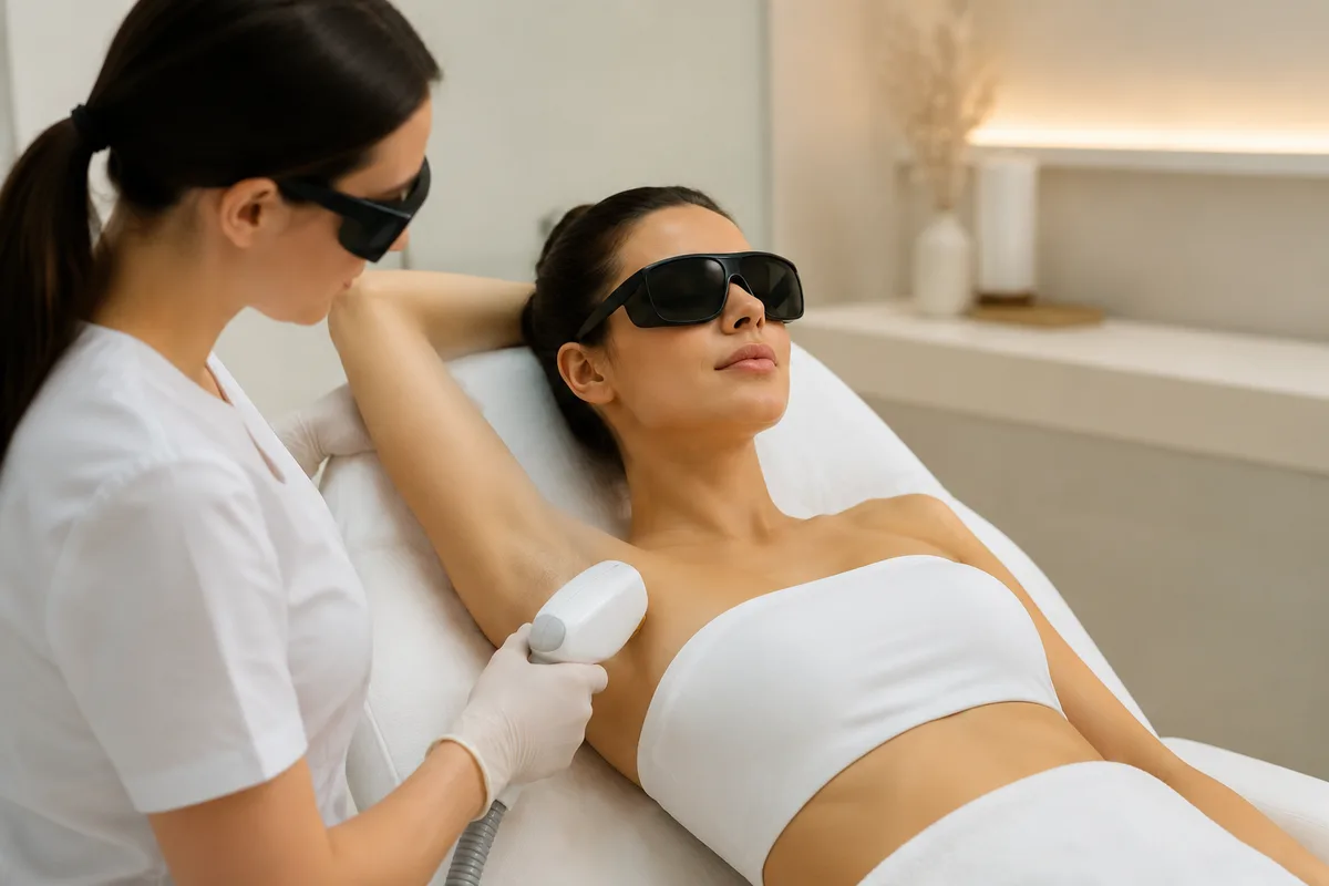 Une femme reçoit un traitement d'épilation au laser au niveau de l'aisselle. Elle affiche une expression neutre, regarde vers le haut et porte une brassière blanche.