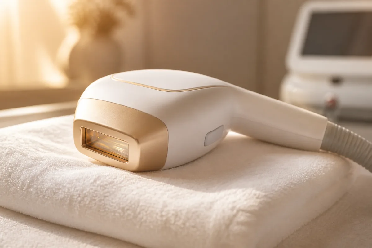 Un appareil d'épilation au laser moderne blanc et doré posé sur une serviette blanche dans un environnement de spa.