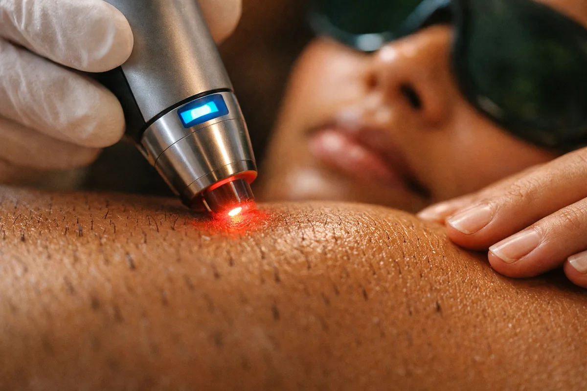 Gros plan d'une séance d'épilation au laser sur une peau mate. La personne porte des lunettes de protection et garde une expression neutre pendant l'intervention.