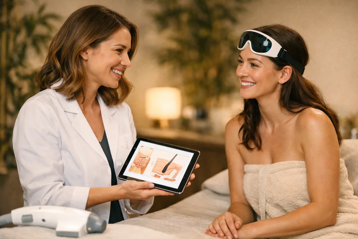 Une esthéticienne en blouse blanche sourit en montrant des explications sur une tablette à sa patiente. La patiente, vêtue d'une serviette et portant des lunettes de protection, semble prête pour un traitement laser.