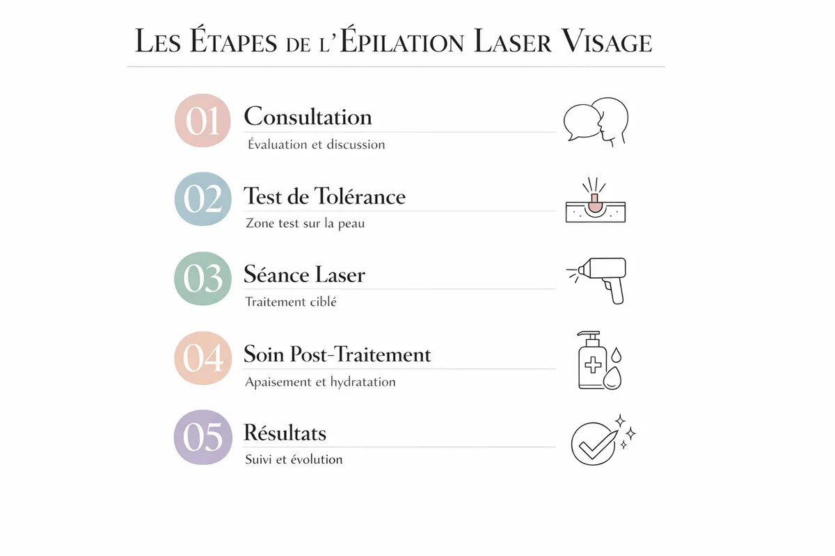 Une infographie minimaliste détaillant les cinq étapes du processus d'épilation laser pour le visage, de la consultation aux résultats finaux.