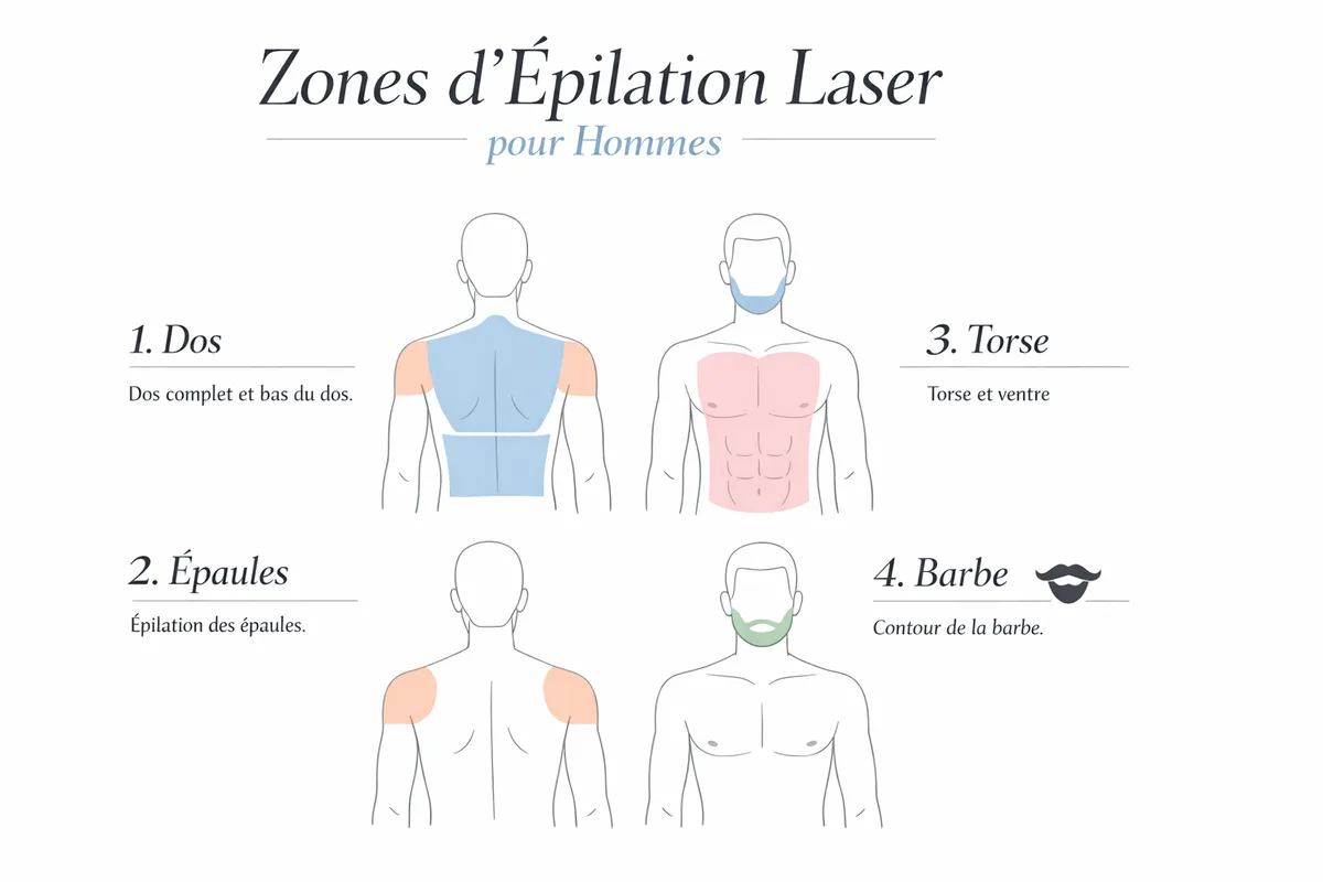 Schéma informatif détaillant les zones d'épilation laser pour hommes, incluant le dos, les épaules, le torse et la barbe, avec des illustrations de face et de dos.