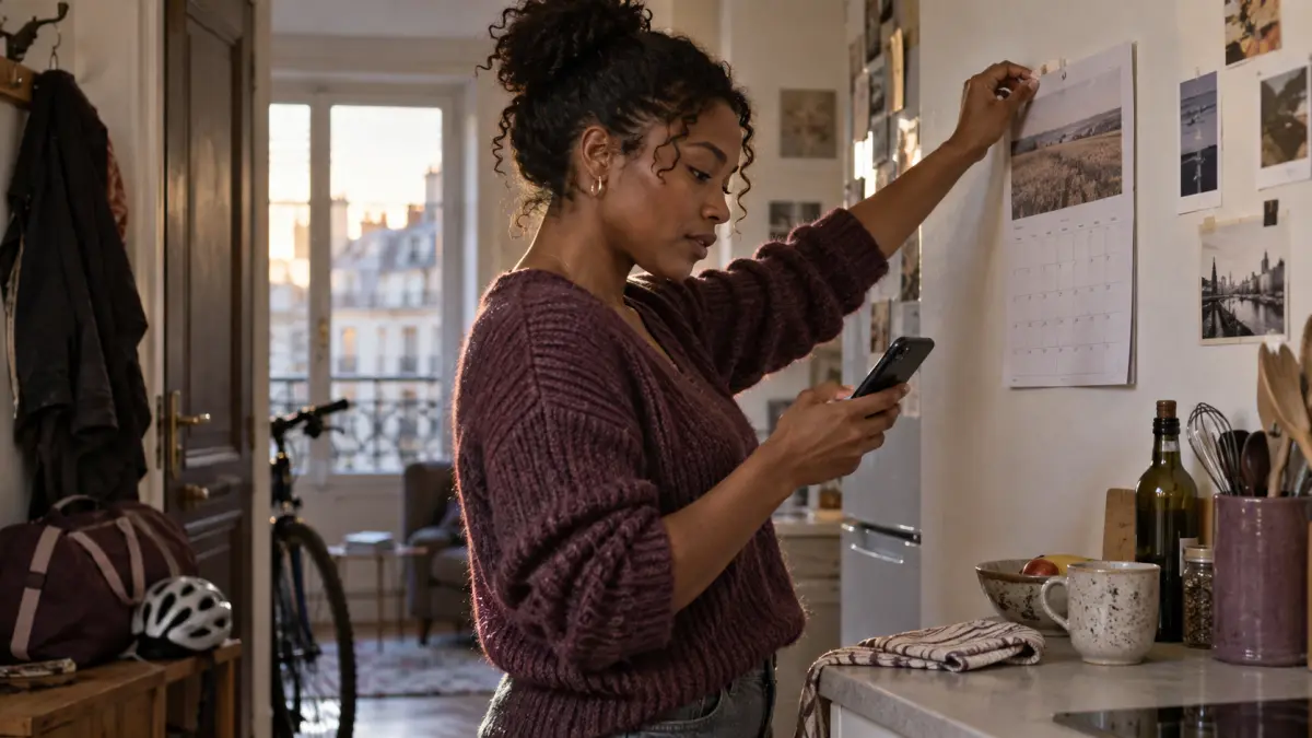 Une femme place un calendrier sur son mur tout en vérifiant ses disponibilités sur son téléphone