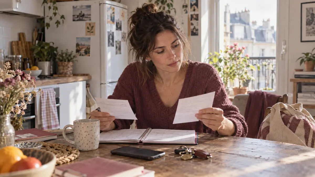 Une femme compare ses notes et son calendrier à sa table de cuisine avant une consultation