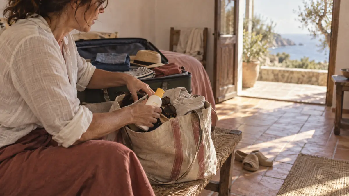 Une voyageuse range une chemise, des lunettes et un flacon solaire dans un sac avant son départ